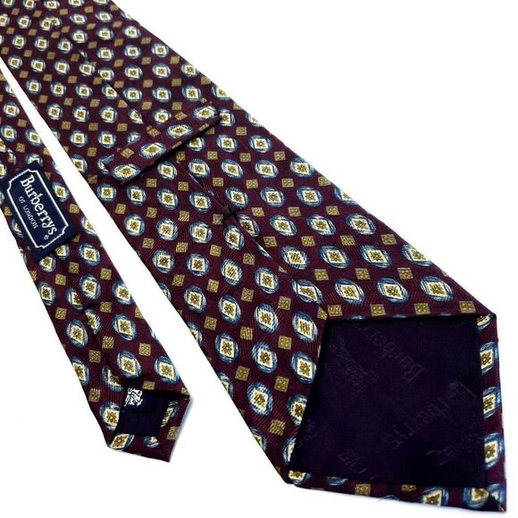 Burberry London Red Brown Beige Silk Tie Woven Short Geometric - Picture 3 of 7